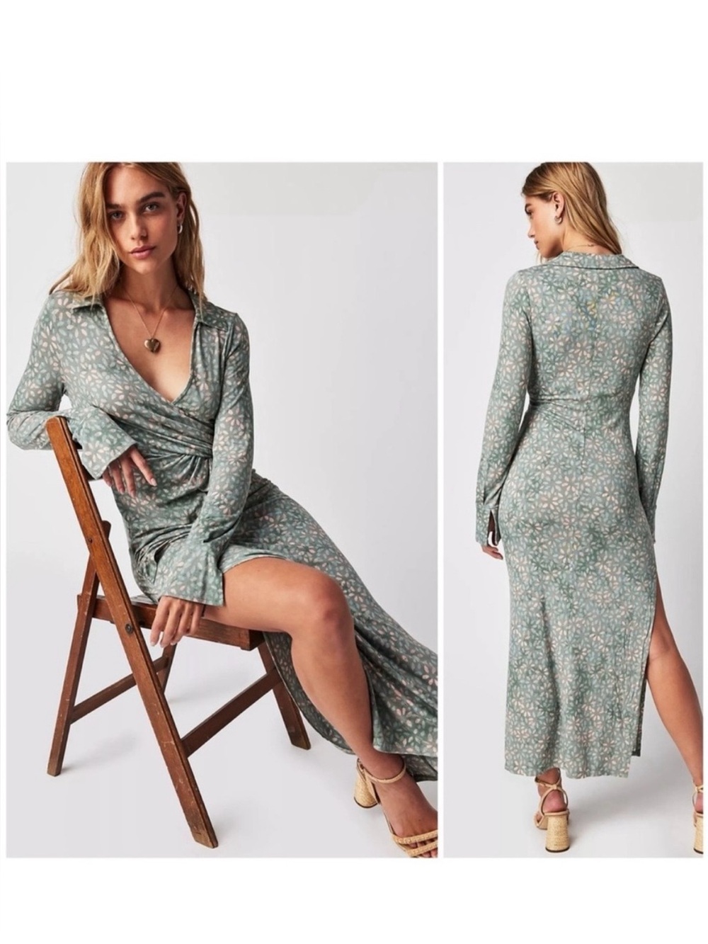Free People Shayla Faux Wrap Maxi Dress Mint Combo Print Long Sleeve Slit NWT